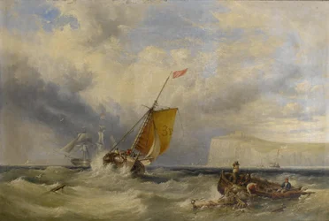 Lotsenschoner Nr. 3 auf dem Weg zurück an Land, mit einem großen Handelsschiff in der Bucht